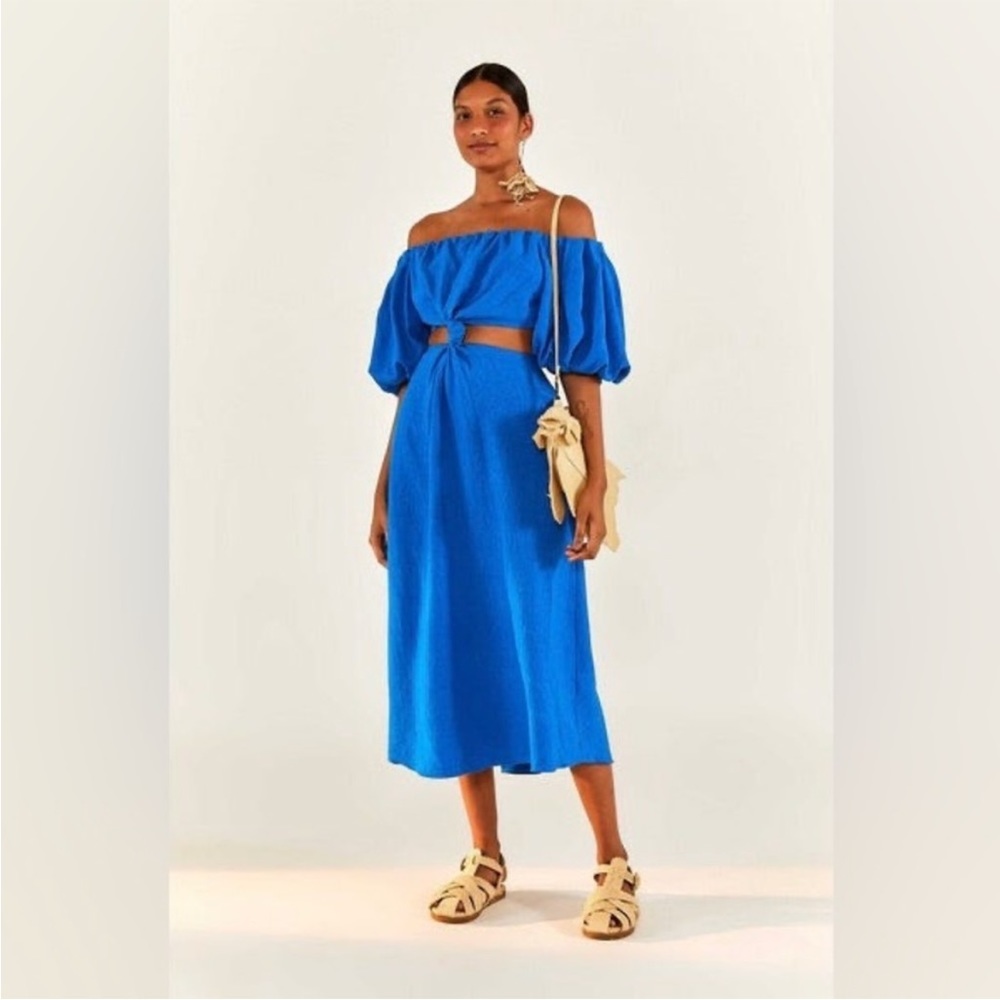 FARM RIO Blue Knot Midi Dress Off Shoulder